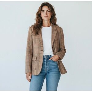 Liz Claiborne Plaid Blazer Women Wool Blend Academia Herringbone Brown Sz 10